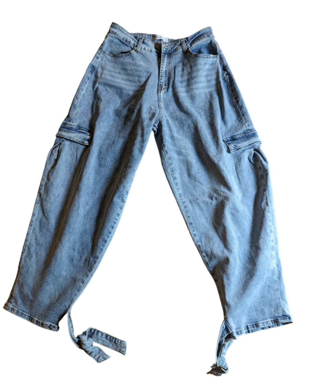 SJ STYLE Women’s Baggy Leg Cargo Jean Tie Ankle 90s Y2K Style Lightwash Size XL